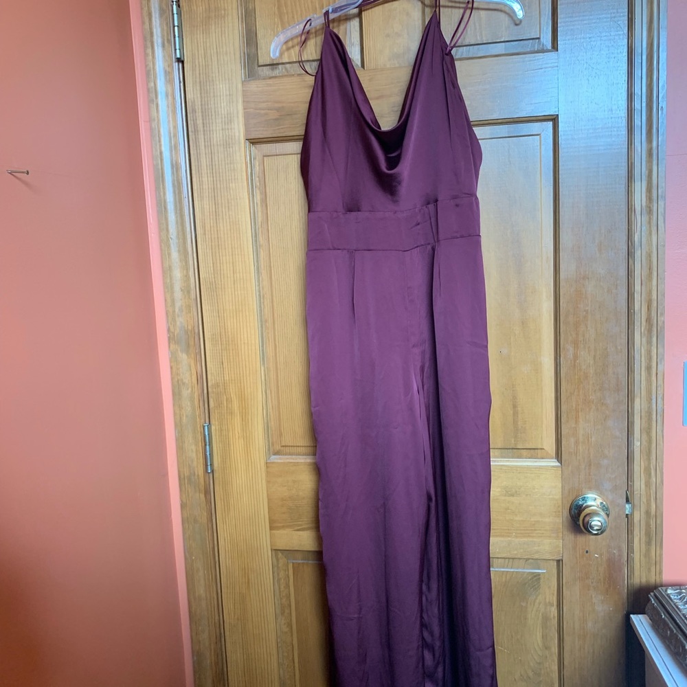 NWT purple, silky, strappy open-back jumpsuit, 6